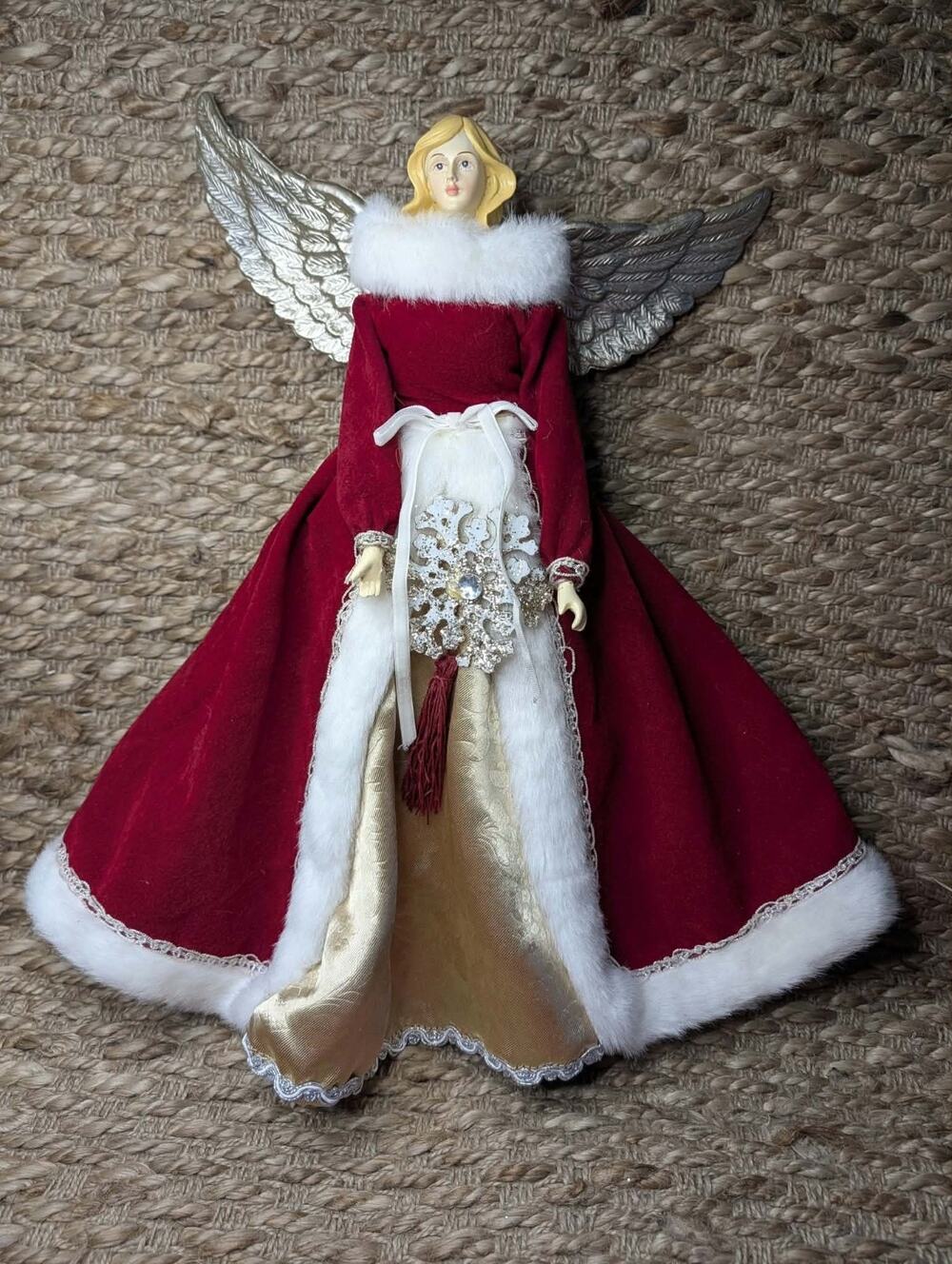Merry Brite Fabric Angel Christmas Tree Topper Red Gold White Faux Fur Trim 16"